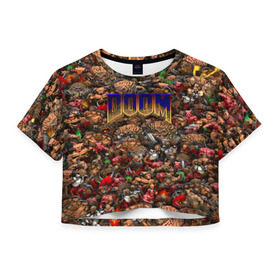 Женская футболка 3D укороченная с принтом Doom. Все монстры (pixel art) в Курске, 100% полиэстер | круглая горловина, длина футболки до линии талии, рукава с отворотами | 