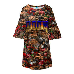 Детское платье 3D с принтом Doom. Все монстры (pixel art) в Курске, 100% полиэстер | прямой силуэт, чуть расширенный к низу. Круглая горловина, на рукавах — воланы | 