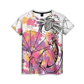 Женская футболка 3D с принтом Гейша в Курске, 100% полиэфир ( синтетическое хлопкоподобное полотно) | прямой крой, круглый вырез горловины, длина до линии бедер | веер | девушка | краски | рисунок | цвета | япония