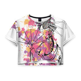 Женская футболка 3D укороченная с принтом Гейша в Курске, 100% полиэстер | круглая горловина, длина футболки до линии талии, рукава с отворотами | веер | девушка | краски | рисунок | цвета | япония