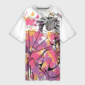Платье-футболка 3D с принтом Гейша в Курске,  |  | веер | девушка | краски | рисунок | цвета | япония