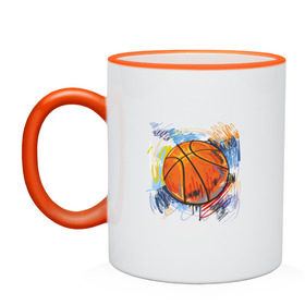 Кружка двухцветная с принтом Баскетбольный мяч в штрихах в Курске, керамика | объем — 330 мл, диаметр — 80 мм. Цветная ручка и кайма сверху, в некоторых цветах — вся внутренняя часть | баскетбол | стилизация | штрихи