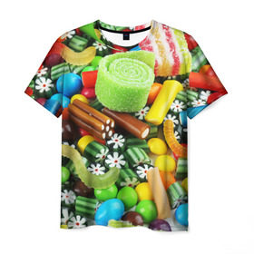 Мужская футболка 3D с принтом Сладости в Курске, 100% полиэфир | прямой крой, круглый вырез горловины, длина до линии бедер | вкуснотища | вкусняшки | глазурь | жевачка | карамель | карамельки | конфетки | конфеты | леденец | мармеладки | сахар | сладости
