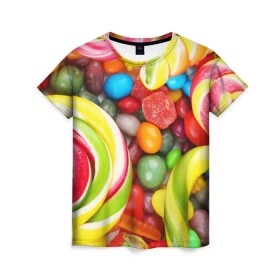 Женская футболка 3D с принтом Вкусняшки в Курске, 100% полиэфир ( синтетическое хлопкоподобное полотно) | прямой крой, круглый вырез горловины, длина до линии бедер | вкуснотища | вкусняшки | глазурь | жевачка | карамель | карамельки | конфетки | конфеты | леденец | мармеладки | сахар | сладости