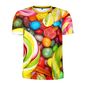 Мужская футболка 3D спортивная с принтом Вкусняшки в Курске, 100% полиэстер с улучшенными характеристиками | приталенный силуэт, круглая горловина, широкие плечи, сужается к линии бедра | вкуснотища | вкусняшки | глазурь | жевачка | карамель | карамельки | конфетки | конфеты | леденец | мармеладки | сахар | сладости