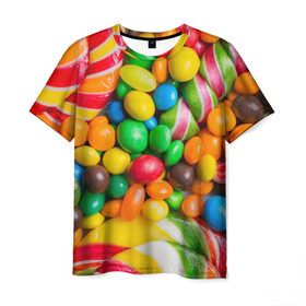 Мужская футболка 3D с принтом Сладкоежка в Курске, 100% полиэфир | прямой крой, круглый вырез горловины, длина до линии бедер | вкуснотища | вкусняшки | глазурь | жевачка | карамель | карамельки | конфетки | конфеты | леденец | мармеладки | сахар | сладости