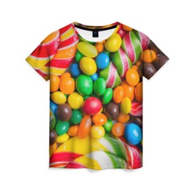 Женская футболка 3D с принтом Сладкоежка в Курске, 100% полиэфир ( синтетическое хлопкоподобное полотно) | прямой крой, круглый вырез горловины, длина до линии бедер | вкуснотища | вкусняшки | глазурь | жевачка | карамель | карамельки | конфетки | конфеты | леденец | мармеладки | сахар | сладости