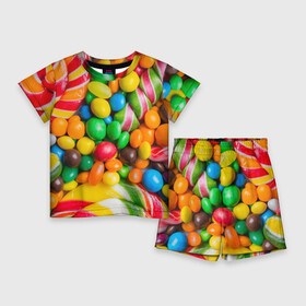 Детский костюм с шортами 3D с принтом Сладкоежка в Курске,  |  | Тематика изображения на принте: вкуснотища | вкусняшки | глазурь | жевачка | карамель | карамельки | конфетки | конфеты | леденец | мармеладки | сахар | сладости