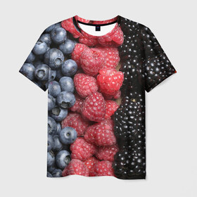 Мужская футболка 3D с принтом Сочные ягоды в Курске, 100% полиэфир | прямой крой, круглый вырез горловины, длина до линии бедер | Тематика изображения на принте: богатый урожай | брусника | ерга | земляника | клубника | клюква | малина | морожка | облепиха | рябина | смородина | сок | сочные плоды | фрукты | черника | черноплодка | шиповник | ягоды