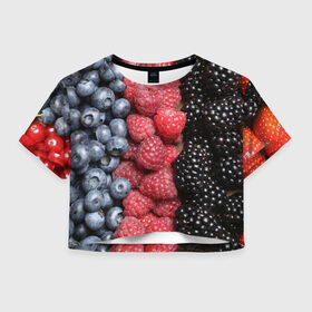Женская футболка 3D укороченная с принтом Сочные ягоды в Курске, 100% полиэстер | круглая горловина, длина футболки до линии талии, рукава с отворотами | богатый урожай | брусника | ерга | земляника | клубника | клюква | малина | морожка | облепиха | рябина | смородина | сок | сочные плоды | фрукты | черника | черноплодка | шиповник | ягоды