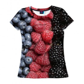 Женская футболка 3D с принтом Сочные ягоды в Курске, 100% полиэфир ( синтетическое хлопкоподобное полотно) | прямой крой, круглый вырез горловины, длина до линии бедер | богатый урожай | брусника | ерга | земляника | клубника | клюква | малина | морожка | облепиха | рябина | смородина | сок | сочные плоды | фрукты | черника | черноплодка | шиповник | ягоды