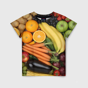 Детская футболка 3D с принтом Овощи и фрукты в Курске, 100% гипоаллергенный полиэфир | прямой крой, круглый вырез горловины, длина до линии бедер, чуть спущенное плечо, ткань немного тянется | Тематика изображения на принте: апельсин | баклажан | банан | картофель | клубника | кукуруза | морковь | овощи | перец | фрукты | яблоки