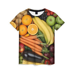 Женская футболка 3D с принтом Овощи и фрукты в Курске, 100% полиэфир ( синтетическое хлопкоподобное полотно) | прямой крой, круглый вырез горловины, длина до линии бедер | апельсин | баклажан | банан | картофель | клубника | кукуруза | морковь | овощи | перец | фрукты | яблоки