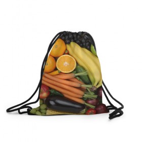 Рюкзак-мешок 3D с принтом Овощи и фрукты в Курске, 100% полиэстер | плотность ткани — 200 г/м2, размер — 35 х 45 см; лямки — толстые шнурки, застежка на шнуровке, без карманов и подкладки | апельсин | баклажан | банан | картофель | клубника | кукуруза | морковь | овощи | перец | фрукты | яблоки