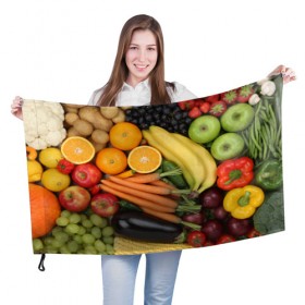 Флаг 3D с принтом Овощи и фрукты в Курске, 100% полиэстер | плотность ткани — 95 г/м2, размер — 67 х 109 см. Принт наносится с одной стороны | апельсин | баклажан | банан | картофель | клубника | кукуруза | морковь | овощи | перец | фрукты | яблоки