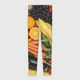 Леггинсы 3D с принтом Овощи и фрукты в Курске, 80% полиэстер, 20% эластан | Эластичный пояс, зауженные к низу, низкая посадка | апельсин | баклажан | банан | картофель | клубника | кукуруза | морковь | овощи | перец | фрукты | яблоки