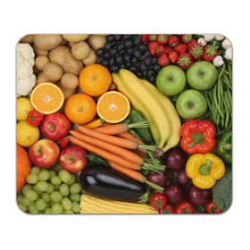 Коврик прямоугольный с принтом Овощи и фрукты в Курске, натуральный каучук | размер 230 х 185 мм; запечатка лицевой стороны | апельсин | баклажан | банан | картофель | клубника | кукуруза | морковь | овощи | перец | фрукты | яблоки