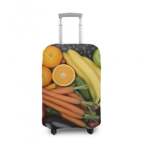 Чехол для чемодана 3D с принтом Овощи и фрукты в Курске, 86% полиэфир, 14% спандекс | двустороннее нанесение принта, прорези для ручек и колес | апельсин | баклажан | банан | картофель | клубника | кукуруза | морковь | овощи | перец | фрукты | яблоки