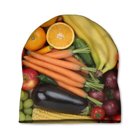Шапка 3D с принтом Овощи и фрукты в Курске, 100% полиэстер | универсальный размер, печать по всей поверхности изделия | апельсин | баклажан | банан | картофель | клубника | кукуруза | морковь | овощи | перец | фрукты | яблоки