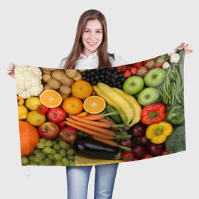 Флаг 3D с принтом Овощи и фрукты в Курске, 100% полиэстер | плотность ткани — 95 г/м2, размер — 67 х 109 см. Принт наносится с одной стороны | апельсин | баклажан | банан | картофель | клубника | кукуруза | морковь | овощи | перец | фрукты | яблоки
