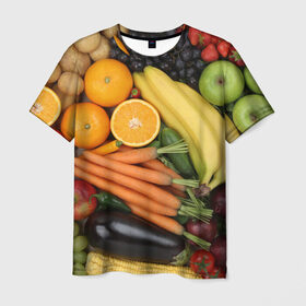 Мужская футболка 3D с принтом Овощи и фрукты в Курске, 100% полиэфир | прямой крой, круглый вырез горловины, длина до линии бедер | апельсин | баклажан | банан | картофель | клубника | кукуруза | морковь | овощи | перец | фрукты | яблоки