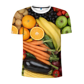 Мужская футболка 3D спортивная с принтом Овощи и фрукты в Курске, 100% полиэстер с улучшенными характеристиками | приталенный силуэт, круглая горловина, широкие плечи, сужается к линии бедра | Тематика изображения на принте: апельсин | баклажан | банан | картофель | клубника | кукуруза | морковь | овощи | перец | фрукты | яблоки
