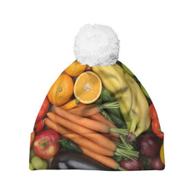 Шапка 3D c помпоном с принтом Овощи и фрукты в Курске, 100% полиэстер | универсальный размер, печать по всей поверхности изделия | Тематика изображения на принте: апельсин | баклажан | банан | картофель | клубника | кукуруза | морковь | овощи | перец | фрукты | яблоки