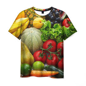Мужская футболка 3D с принтом Богатый урожай в Курске, 100% полиэфир | прямой крой, круглый вырез горловины, длина до линии бедер | апельсин | баклажан | банан | богатый урожай | виноград | горох | еда | кабачок | капуста | картофель | лимон | морковь | овощи | огурец | перец | персик | помидор | слива | сочные плоды | томат | тыква