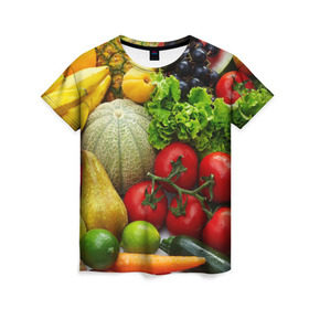 Женская футболка 3D с принтом Богатый урожай в Курске, 100% полиэфир ( синтетическое хлопкоподобное полотно) | прямой крой, круглый вырез горловины, длина до линии бедер | апельсин | баклажан | банан | богатый урожай | виноград | горох | еда | кабачок | капуста | картофель | лимон | морковь | овощи | огурец | перец | персик | помидор | слива | сочные плоды | томат | тыква