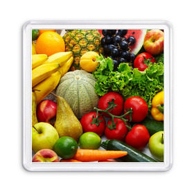 Магнит 55*55 с принтом Богатый урожай в Курске, Пластик | Размер: 65*65 мм; Размер печати: 55*55 мм | апельсин | баклажан | банан | богатый урожай | виноград | горох | еда | кабачок | капуста | картофель | лимон | морковь | овощи | огурец | перец | персик | помидор | слива | сочные плоды | томат | тыква
