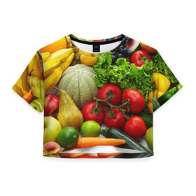 Женская футболка 3D укороченная с принтом Богатый урожай в Курске, 100% полиэстер | круглая горловина, длина футболки до линии талии, рукава с отворотами | Тематика изображения на принте: апельсин | баклажан | банан | богатый урожай | виноград | горох | еда | кабачок | капуста | картофель | лимон | морковь | овощи | огурец | перец | персик | помидор | слива | сочные плоды | томат | тыква