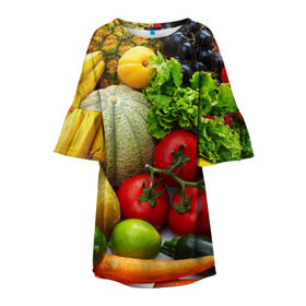 Детское платье 3D с принтом Богатый урожай в Курске, 100% полиэстер | прямой силуэт, чуть расширенный к низу. Круглая горловина, на рукавах — воланы | апельсин | баклажан | банан | богатый урожай | виноград | горох | еда | кабачок | капуста | картофель | лимон | морковь | овощи | огурец | перец | персик | помидор | слива | сочные плоды | томат | тыква