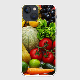 Чехол для iPhone 13 mini с принтом Богатый урожай в Курске,  |  | Тематика изображения на принте: апельсин | баклажан | банан | богатый урожай | виноград | горох | еда | кабачок | капуста | картофель | лимон | морковь | овощи | огурец | перец | персик | помидор | слива | сочные плоды | томат | тыква