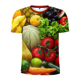 Мужская футболка 3D спортивная с принтом Богатый урожай в Курске, 100% полиэстер с улучшенными характеристиками | приталенный силуэт, круглая горловина, широкие плечи, сужается к линии бедра | Тематика изображения на принте: апельсин | баклажан | банан | богатый урожай | виноград | горох | еда | кабачок | капуста | картофель | лимон | морковь | овощи | огурец | перец | персик | помидор | слива | сочные плоды | томат | тыква