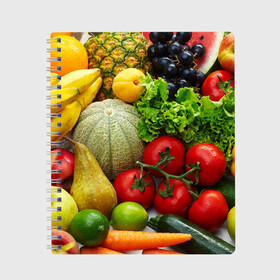 Тетрадь с принтом Богатый урожай в Курске, 100% бумага | 48 листов, плотность листов — 60 г/м2, плотность картонной обложки — 250 г/м2. Листы скреплены сбоку удобной пружинной спиралью. Уголки страниц и обложки скругленные. Цвет линий — светло-серый
 | апельсин | баклажан | банан | богатый урожай | виноград | горох | еда | кабачок | капуста | картофель | лимон | морковь | овощи | огурец | перец | персик | помидор | слива | сочные плоды | томат | тыква