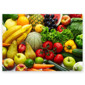 Поздравительная открытка с принтом Богатый урожай в Курске, 100% бумага | плотность бумаги 280 г/м2, матовая, на обратной стороне линовка и место для марки
 | апельсин | баклажан | банан | богатый урожай | виноград | горох | еда | кабачок | капуста | картофель | лимон | морковь | овощи | огурец | перец | персик | помидор | слива | сочные плоды | томат | тыква
