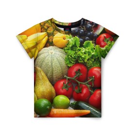 Детская футболка 3D с принтом Богатый урожай в Курске, 100% гипоаллергенный полиэфир | прямой крой, круглый вырез горловины, длина до линии бедер, чуть спущенное плечо, ткань немного тянется | Тематика изображения на принте: апельсин | баклажан | банан | богатый урожай | виноград | горох | еда | кабачок | капуста | картофель | лимон | морковь | овощи | огурец | перец | персик | помидор | слива | сочные плоды | томат | тыква
