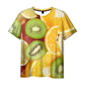 Мужская футболка 3D с принтом Сочные фрукты в Курске, 100% полиэфир | прямой крой, круглый вырез горловины, длина до линии бедер | Тематика изображения на принте: апельсин | грейпфрут | десерт | дольки | киви | кусочки фруктов | лайм | лимон | разрез | сечение | фреш | фрукты | цитрусовые