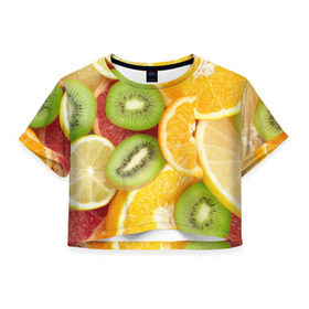Женская футболка 3D укороченная с принтом Сочные фрукты в Курске, 100% полиэстер | круглая горловина, длина футболки до линии талии, рукава с отворотами | апельсин | грейпфрут | десерт | дольки | киви | кусочки фруктов | лайм | лимон | разрез | сечение | фреш | фрукты | цитрусовые