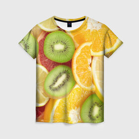 Женская футболка 3D с принтом Сочные фрукты в Курске, 100% полиэфир ( синтетическое хлопкоподобное полотно) | прямой крой, круглый вырез горловины, длина до линии бедер | апельсин | грейпфрут | десерт | дольки | киви | кусочки фруктов | лайм | лимон | разрез | сечение | фреш | фрукты | цитрусовые