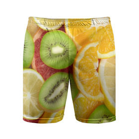 Мужские шорты 3D спортивные с принтом Сочные фрукты в Курске,  |  | Тематика изображения на принте: апельсин | грейпфрут | десерт | дольки | киви | кусочки фруктов | лайм | лимон | разрез | сечение | фреш | фрукты | цитрусовые
