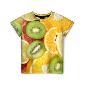 Детская футболка 3D с принтом Сочные фрукты в Курске, 100% гипоаллергенный полиэфир | прямой крой, круглый вырез горловины, длина до линии бедер, чуть спущенное плечо, ткань немного тянется | Тематика изображения на принте: апельсин | грейпфрут | десерт | дольки | киви | кусочки фруктов | лайм | лимон | разрез | сечение | фреш | фрукты | цитрусовые