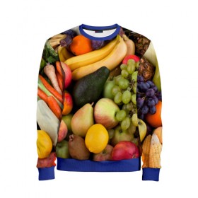 Детский свитшот 3D с принтом Спелые фрукты в Курске, 100% полиэстер | свободная посадка, прямой крой, мягкая тканевая резинка на рукавах и понизу свитшота | Тематика изображения на принте: ананас | арбуз | банан | богатый урожай | виноград | горох | груша | еда | капуста | картофель | лук | морковь | овощи | огурец | перец | персик | слива | сочные плоды | томат | фасоль | фрукты | яблоко