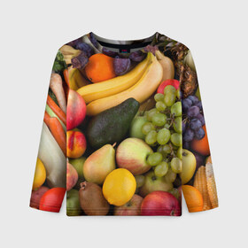 Детский лонгслив 3D с принтом Спелые фрукты в Курске, 100% полиэстер | длинные рукава, круглый вырез горловины, полуприлегающий силуэт
 | Тематика изображения на принте: ананас | арбуз | банан | богатый урожай | виноград | горох | груша | еда | капуста | картофель | лук | морковь | овощи | огурец | перец | персик | слива | сочные плоды | томат | фасоль | фрукты | яблоко