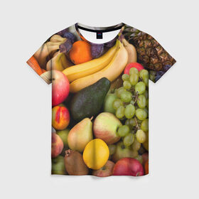 Женская футболка 3D с принтом Спелые фрукты в Курске, 100% полиэфир ( синтетическое хлопкоподобное полотно) | прямой крой, круглый вырез горловины, длина до линии бедер | ананас | арбуз | банан | богатый урожай | виноград | горох | груша | еда | капуста | картофель | лук | морковь | овощи | огурец | перец | персик | слива | сочные плоды | томат | фасоль | фрукты | яблоко