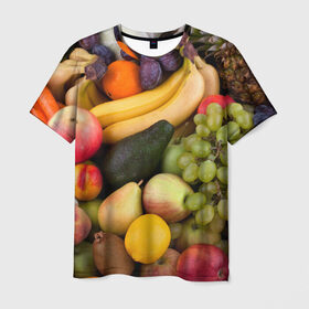 Мужская футболка 3D с принтом Спелые фрукты в Курске, 100% полиэфир | прямой крой, круглый вырез горловины, длина до линии бедер | ананас | арбуз | банан | богатый урожай | виноград | горох | груша | еда | капуста | картофель | лук | морковь | овощи | огурец | перец | персик | слива | сочные плоды | томат | фасоль | фрукты | яблоко