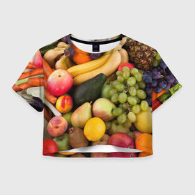 Женская футболка 3D укороченная с принтом Спелые фрукты в Курске, 100% полиэстер | круглая горловина, длина футболки до линии талии, рукава с отворотами | ананас | арбуз | банан | богатый урожай | виноград | горох | груша | еда | капуста | картофель | лук | морковь | овощи | огурец | перец | персик | слива | сочные плоды | томат | фасоль | фрукты | яблоко