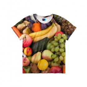 Детская футболка 3D с принтом Спелые фрукты в Курске, 100% гипоаллергенный полиэфир | прямой крой, круглый вырез горловины, длина до линии бедер, чуть спущенное плечо, ткань немного тянется | ананас | арбуз | банан | богатый урожай | виноград | горох | груша | еда | капуста | картофель | лук | морковь | овощи | огурец | перец | персик | слива | сочные плоды | томат | фасоль | фрукты | яблоко