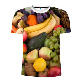 Мужская футболка 3D спортивная с принтом Спелые фрукты в Курске, 100% полиэстер с улучшенными характеристиками | приталенный силуэт, круглая горловина, широкие плечи, сужается к линии бедра | Тематика изображения на принте: ананас | арбуз | банан | богатый урожай | виноград | горох | груша | еда | капуста | картофель | лук | морковь | овощи | огурец | перец | персик | слива | сочные плоды | томат | фасоль | фрукты | яблоко