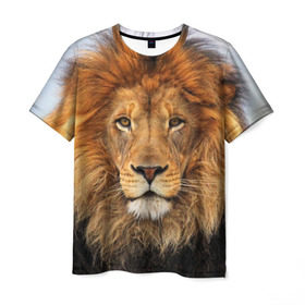 Мужская футболка 3D с принтом Красавец лев в Курске, 100% полиэфир | прямой крой, круглый вырез горловины, длина до линии бедер | lion | грива | дикая кошка | добыча | животное | зверь | клыки | когти | король джунглей | лев | мясо | хищник | царь зверей